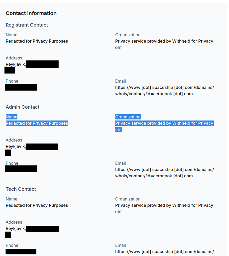 WhoIs result for the imposter AeroNook